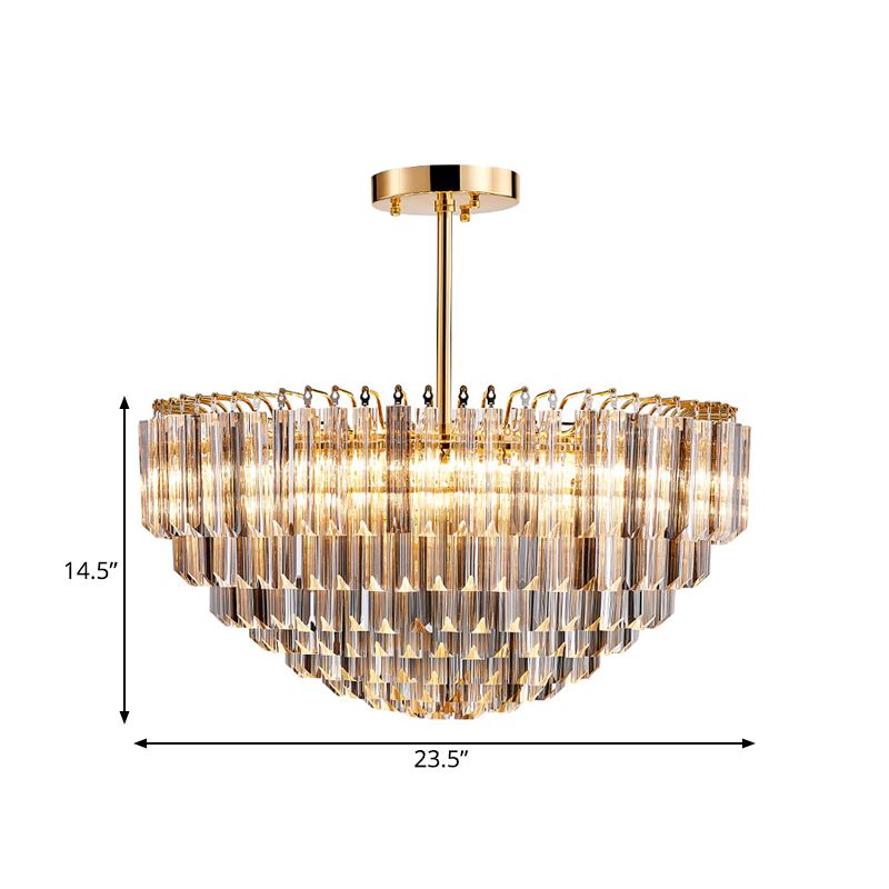 10 Lights Conic Semi Mount Lighting Modernist Gold Faceted Crystal Ceiling Light Fixture with Tiered Design