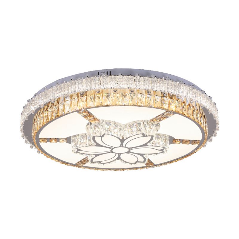 LED Lighting Fixture Contemporary Circular Clear Rectangular-Cut Crystals Flush Mount with Flower Design