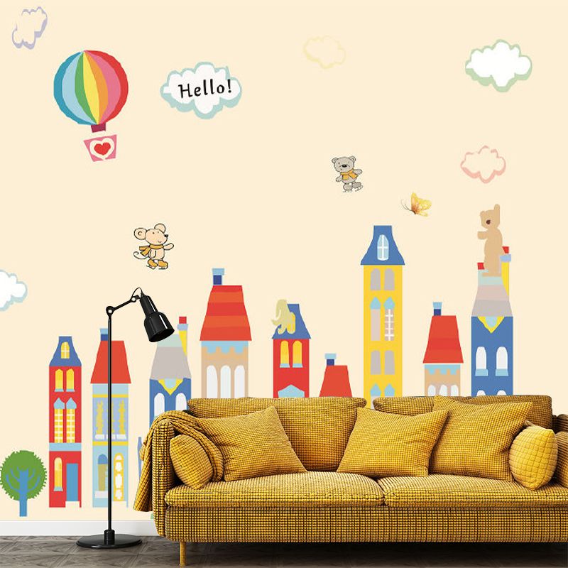 Cartoon-Fantasie-Häuser-Wandbild, pastellfarben, schmutzabweisende Wanddekoration für den Kindergarten