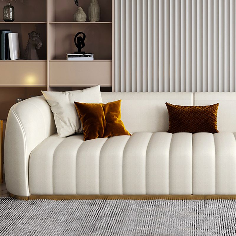 Beige Contemporary Sofa with Pillows Faux Leather Tuxedo Arm Sofa