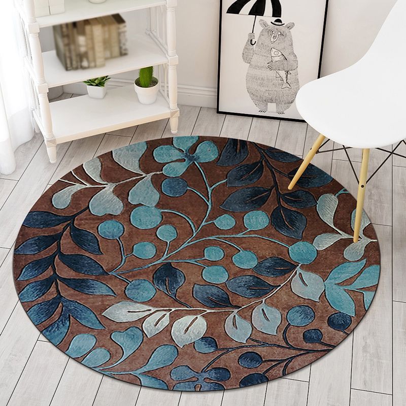 Round Solid Color Simplicity Indoor Rug Polyester Plant Print Rug Easy Care Indoor Rug for LBedroom