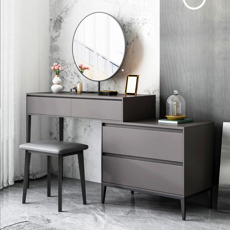 Modern Gray Vanity Mirrored Wood Makeup Dressing Table Stool Set