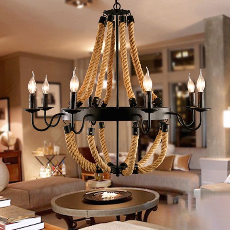 Loft Style Candelabrum Chandelier 8 Bulbs Hemp Rope Hanging Lamp in Black for Living Room
