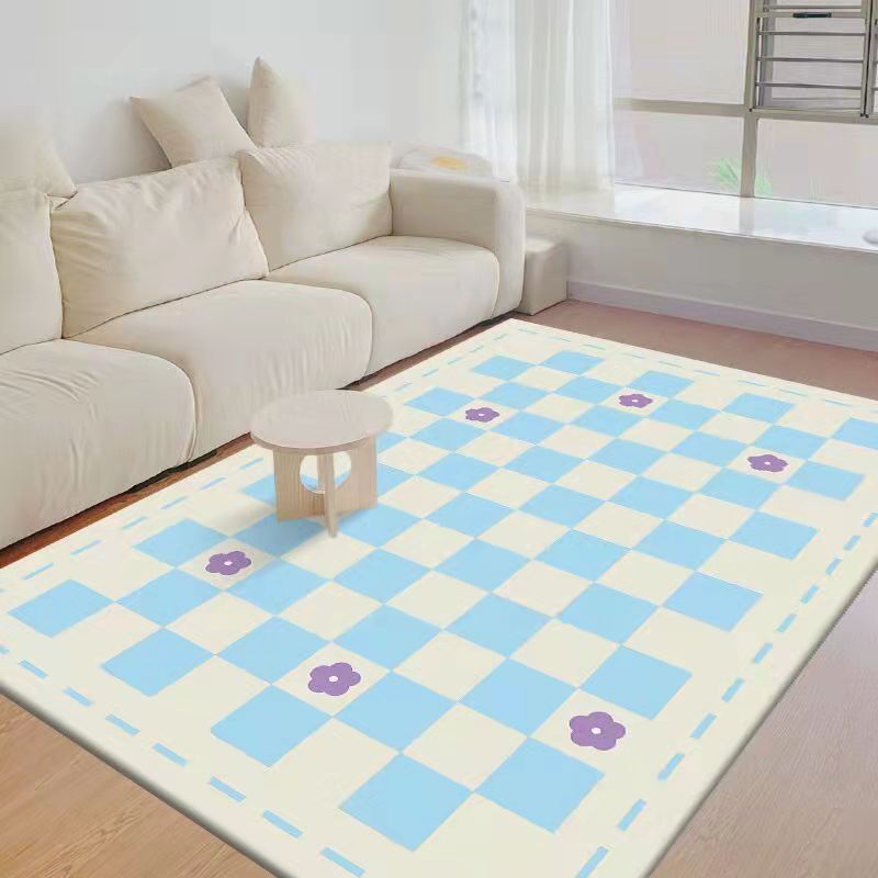 Black Modern Rug Polyester Check Pattern Rug Washable Rug for Living Room
