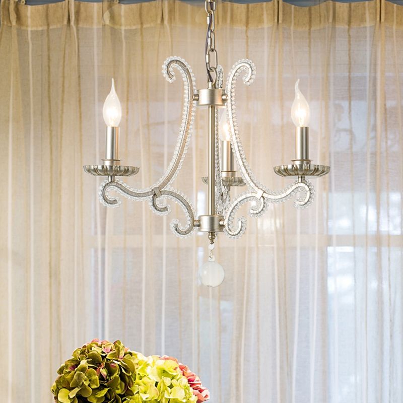 Classic Candelabra Hanging Lamp 3-Light Crystal Beaded Chandelier Light in Nickel