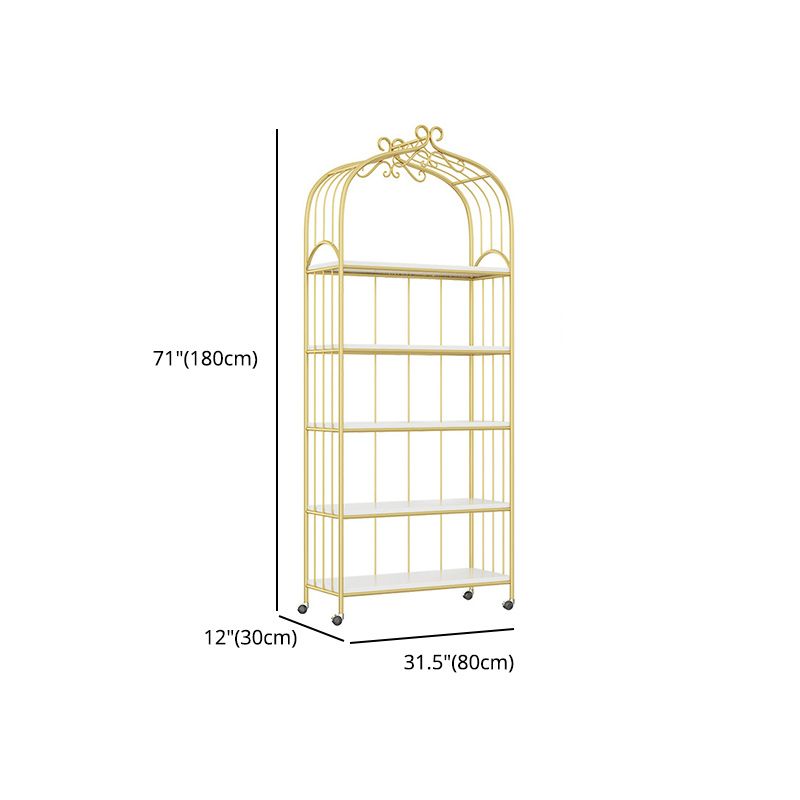 Gold Vertical Bookshelf Iron Frame Solid Wood Shelf Bookcase with Caster Wheels