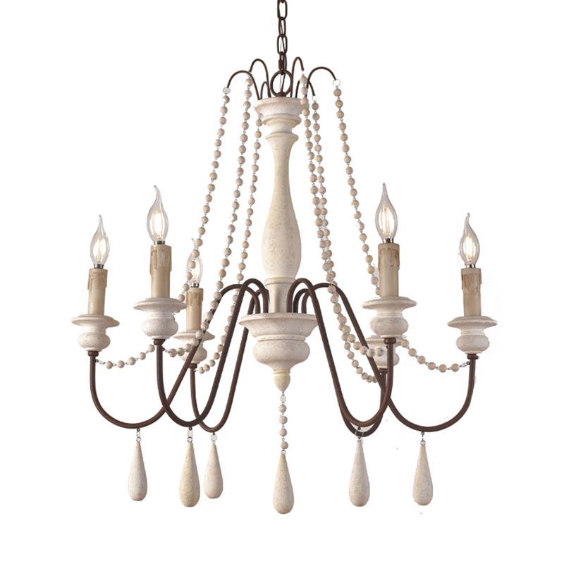 Retro Style Draping Bead Suspension Light 8 Heads Wood Chandelier Light with Candlestick