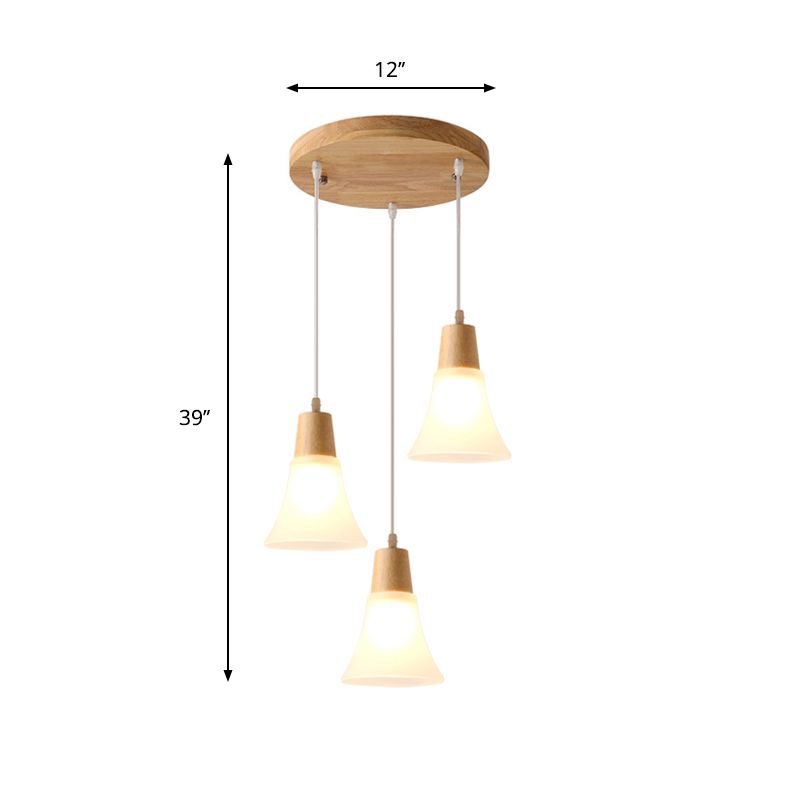 Bell/Bowl/Barrel Ceiling Hang Lamp Nordic Ivory Glass 3-Head Dining Room Round/Linear-Canopy Cluster Pendant in Wood