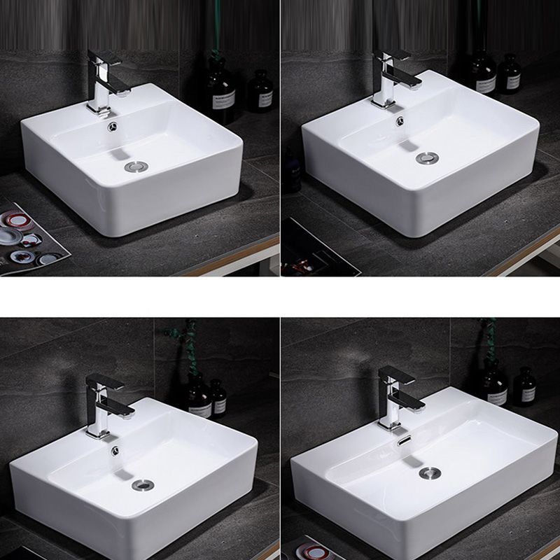 Contemporary Vessel Bathroom Sink Rectangular White Ceramic Overflow Drain Assembly Sink