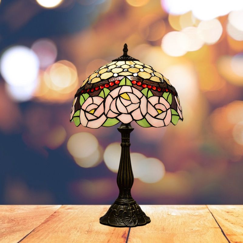 Peony Blossom Table Light Tiffany Handcrafted Pink/Orange Glass Single Bronze Night Lamp