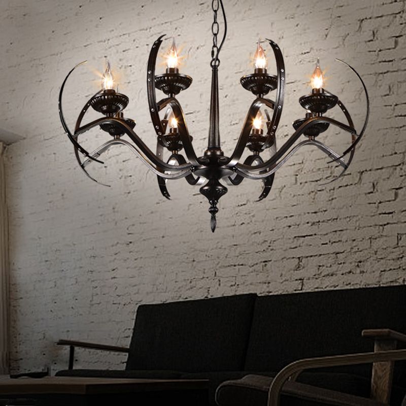 Traditional Candle Hanging Lamp 8 Bulbs Iron Chandelier Light Fixture with Curvy Arm in Black
