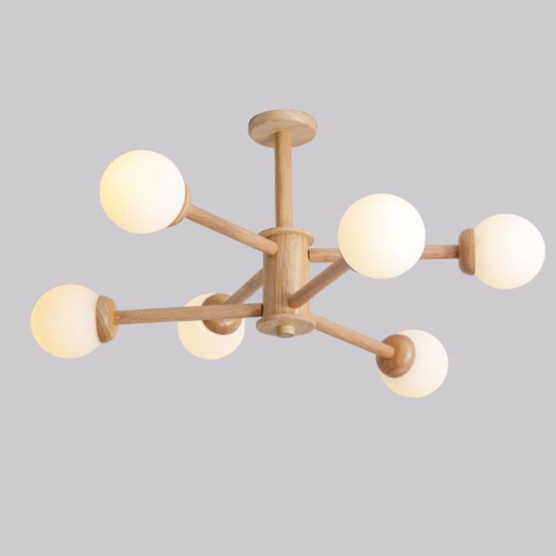 Wood Chandelier Nordic Style Pendant Lamp with White Glass Shade for Living Room