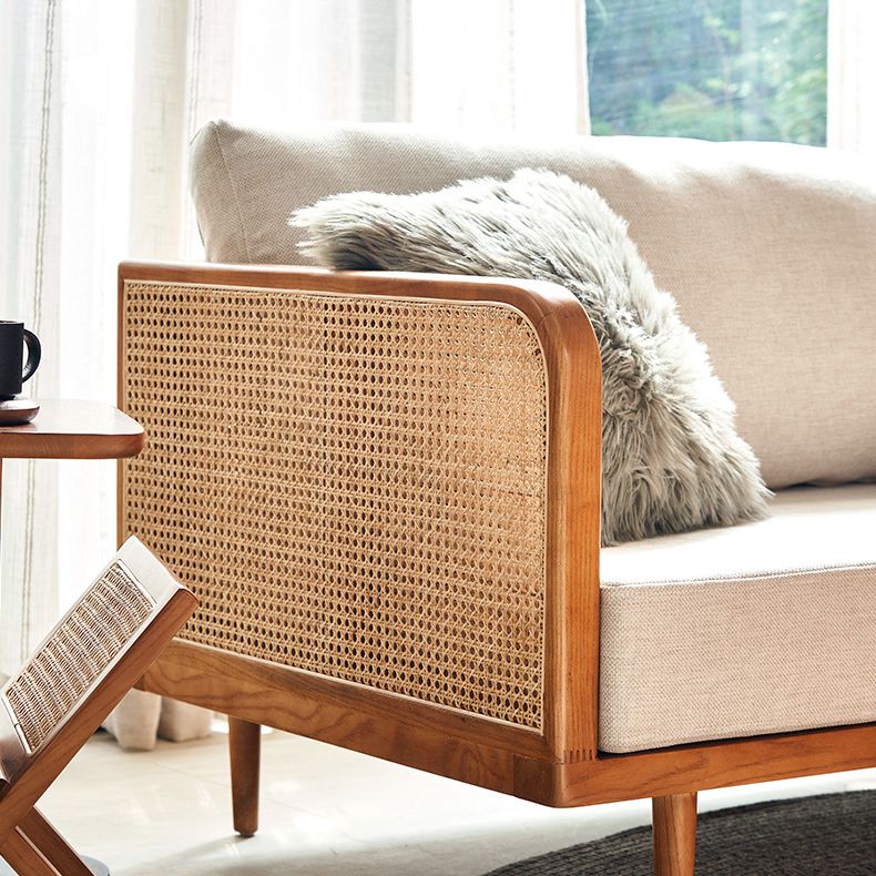 25.59" High Linen Sofa White Tuxedo Arm Sofa with Loose Back in Solid Wood