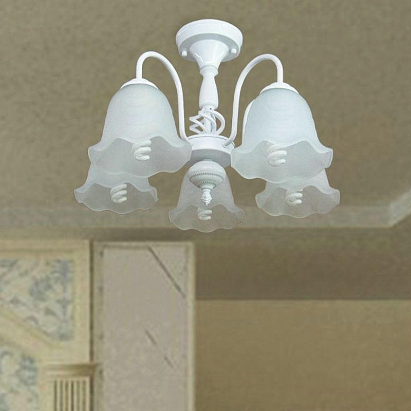 White 5 Lights Ceiling Lighting Classic Opal Glass Scalloped Semi Flush Light for Corridor