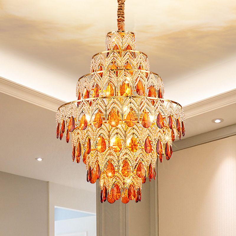 7-laags taps toelopende eetkamer hangende licht retro tan kristal 8 koppen gouden kroonluchter hanger
