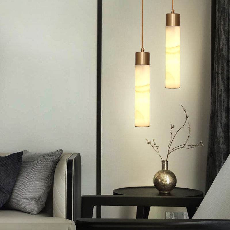 Nordic Strip Shade Pendant Light, Minimalist Marble with Brass Top Hanging Light