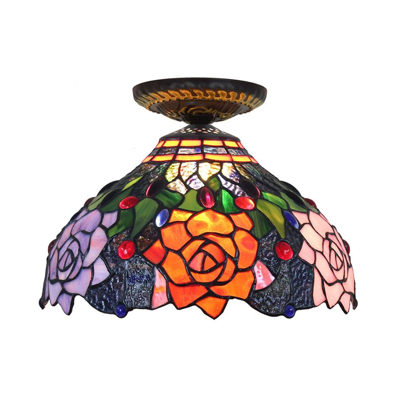 Rose Metal Ceiling Flush Mount Tiffany 12"/16" W 1 Head Brass Flush Mount Light Fixture