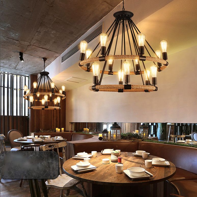 Rope Beige Pendant Chandelier Hoop Industrial-Style Chandelier Lamp for Restaurant