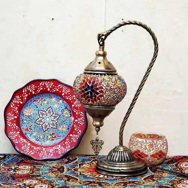 1 Bulb Gooseneck Table Light Moroccan Mosaic Stained Glass Night Light with Globe Shade