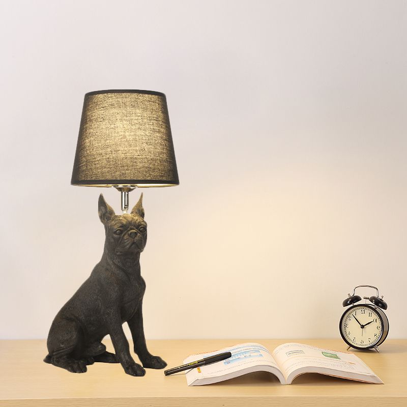 1 Bulb Fabric Night Table Light Traditional Black Drum Bedroom Nightstand Lamp with Resin Dog Base