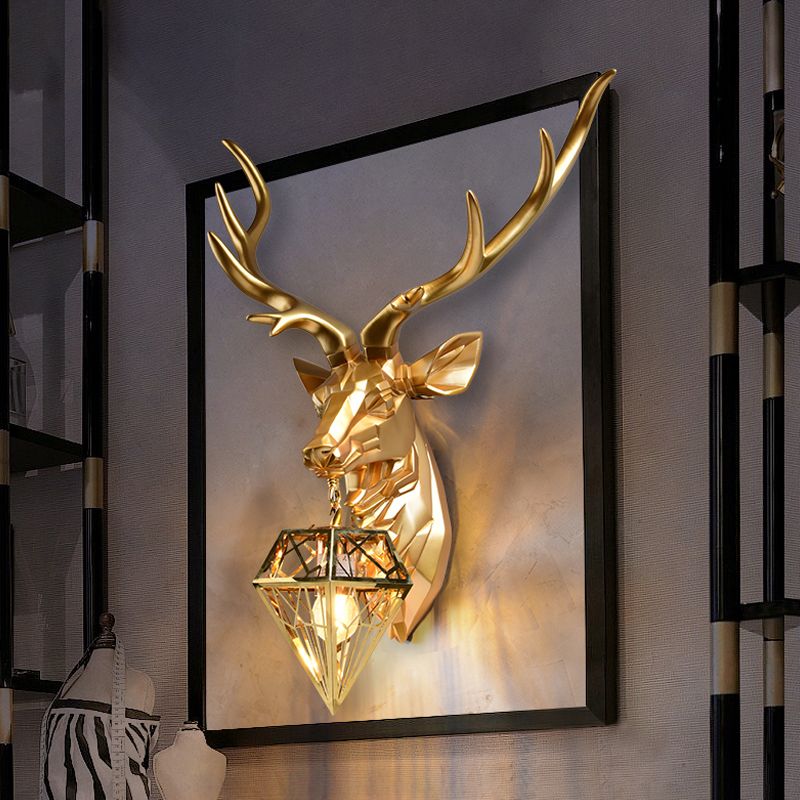 Lodge Stylish Deer Wall Mount Light Resin 1 Head Living Room Wall Light Fixture with Diamond Shade, 14.5"/19.5" W