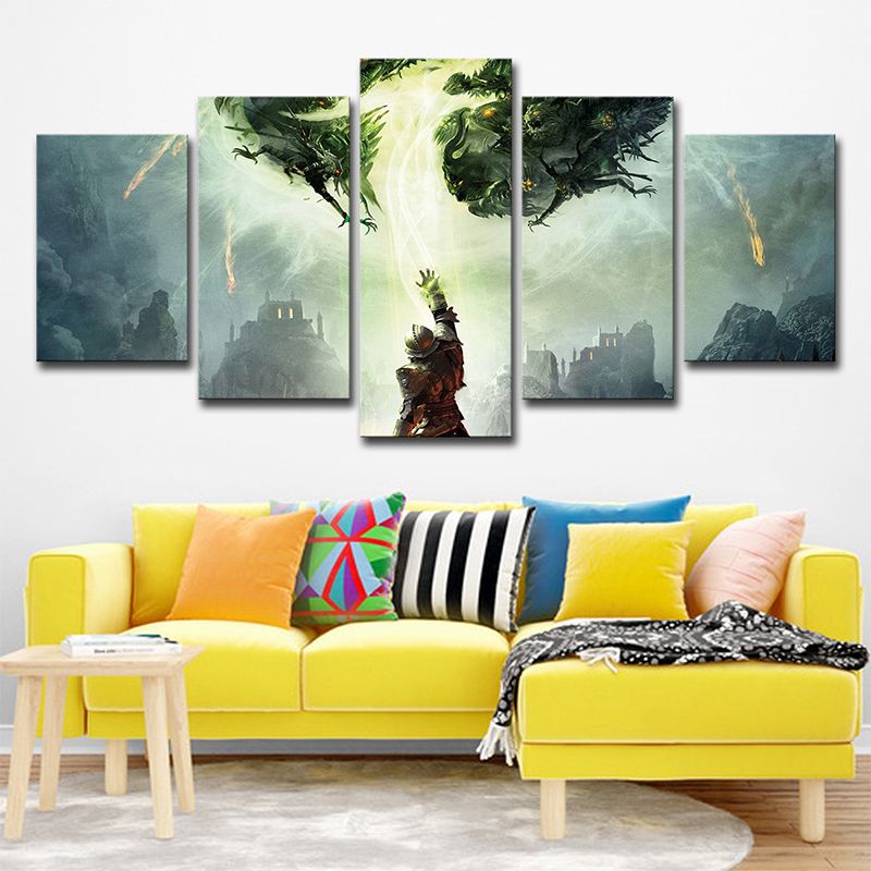 Fantasy Dragon Canvas Art Kids Style Multi-Piece Wall Decoration in Green for Home