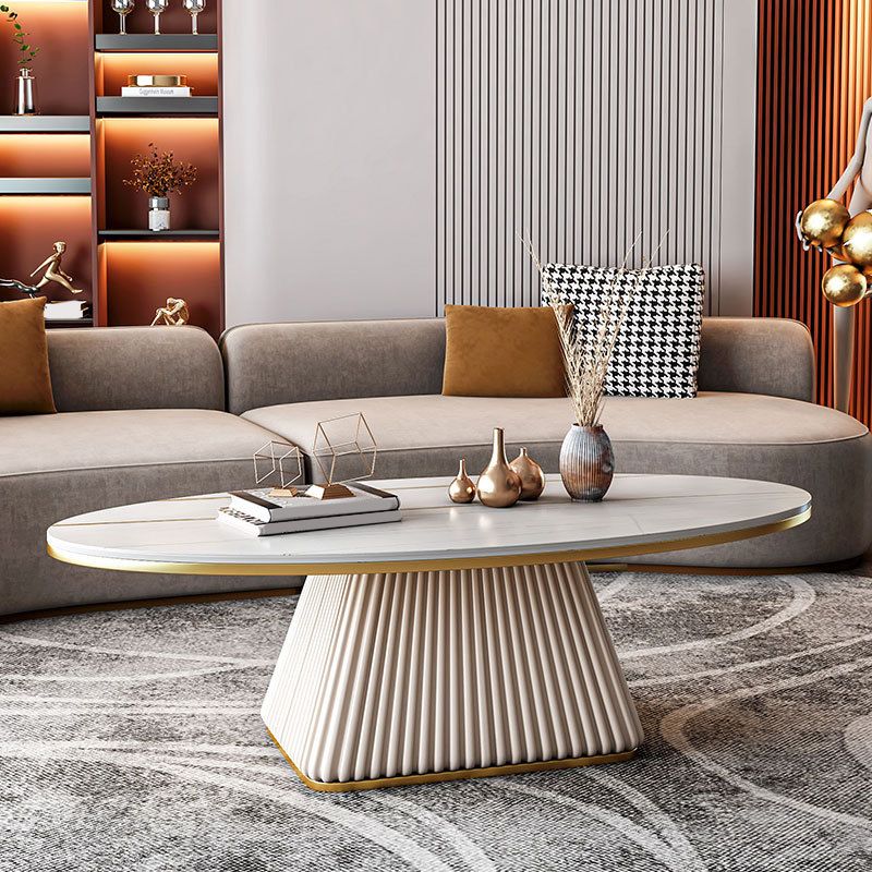 Oval Box Shaped Base Design Slate Table Glam Style Coffee Table