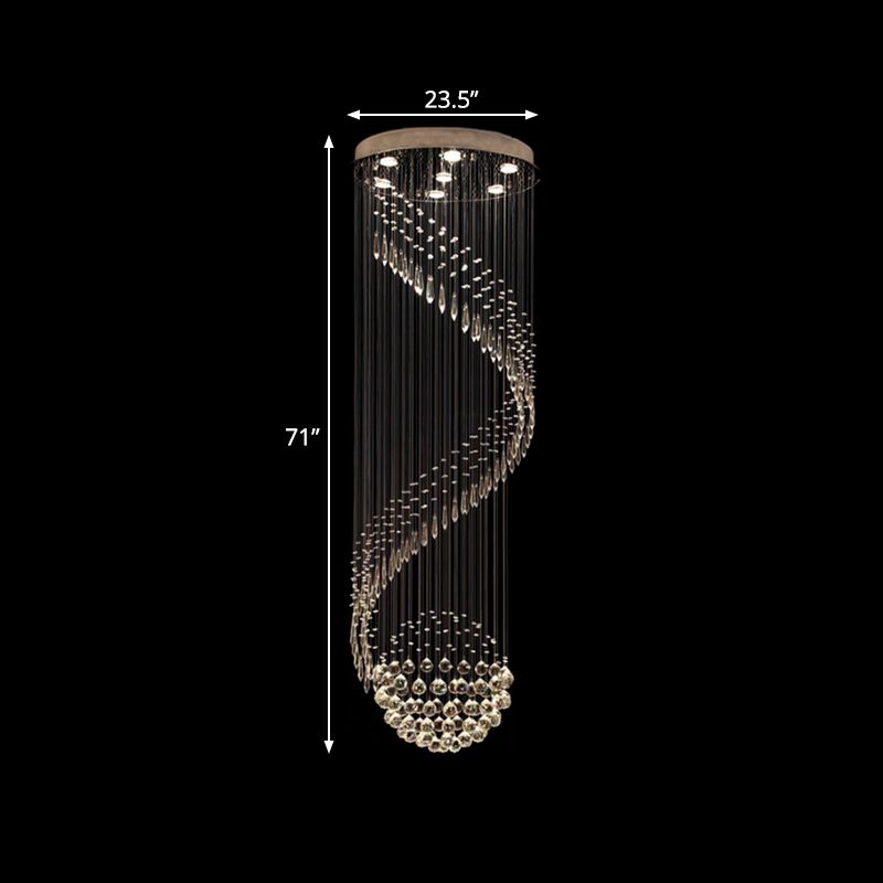Spiral Stair Cluster Pendant Lamp Minimalist Clear Crystal 7-Light Silver LED Ceiling Light