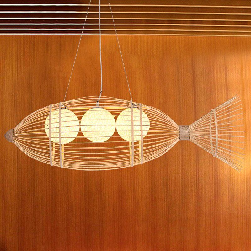 Fish-Shaped Bamboo Chandelier Lighting Minimalist Wood Pendant Light for Corridor