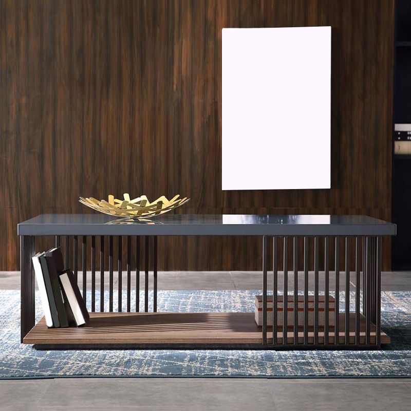Rectangular Iron and Wood Coffee Cocktail Table with Storage