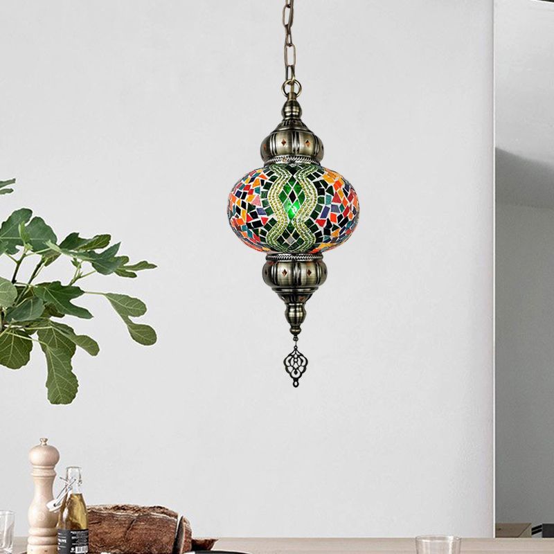 Stained Glass Red/Orange/Green Pendant Lamp Oval 1 Head Vintage Suspension Lighting