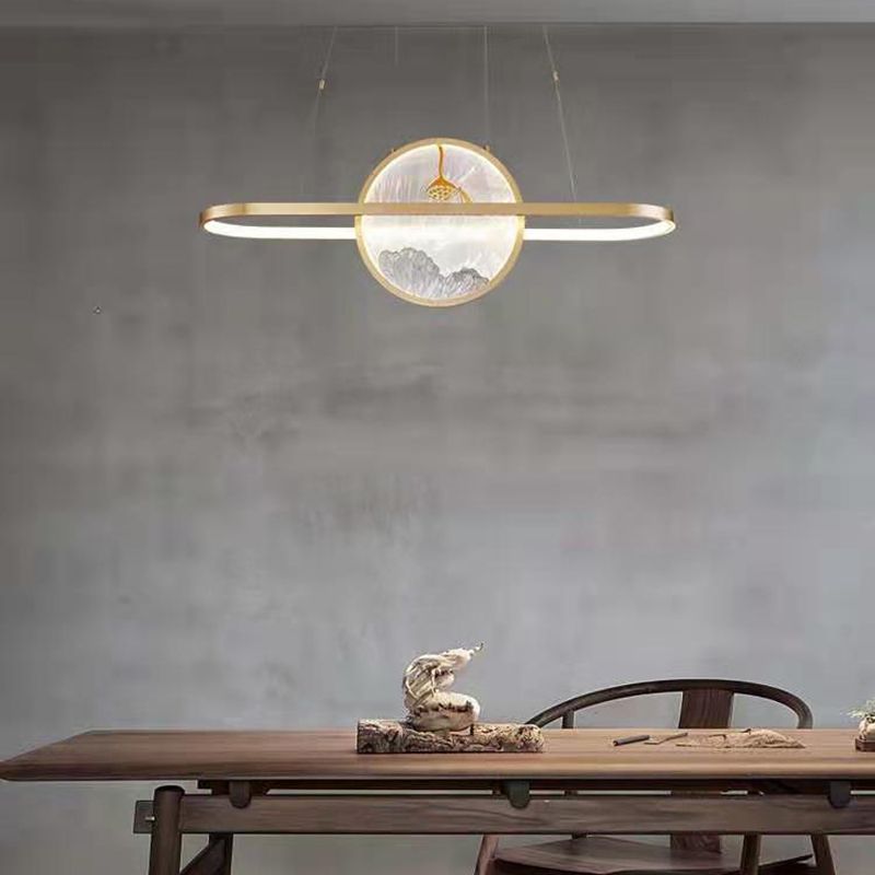 Chinese Style Gold Round Linear Island Pendant Lighting LED Metal Island Ceiling Light for Living Room