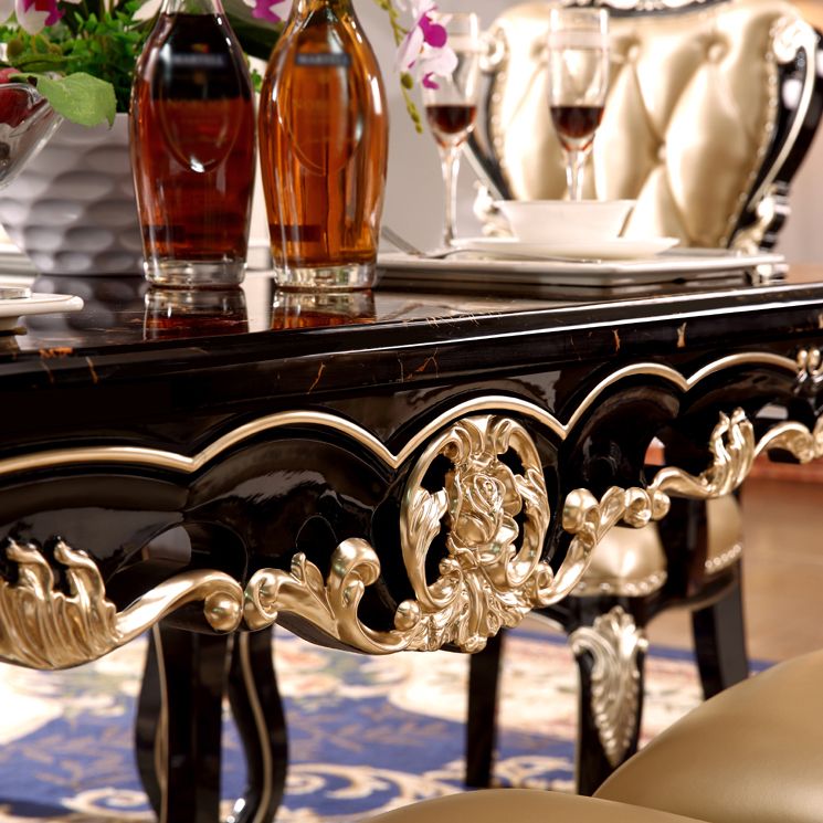 Marble Black Tone Dining Table Victorian 4 Legs Table for Dining Room