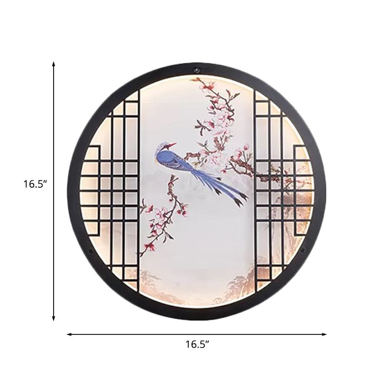 Round Ultrathin Bedroom Wall Art Fabric LED Chinese Mural Light with Bird and Flower Branch Pattern in Black