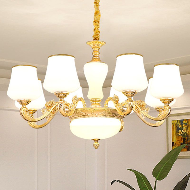 Colgante cónico colgante simple accesorio de iluminación de lámpara de oro de vidrio blanco con brazo desplazado