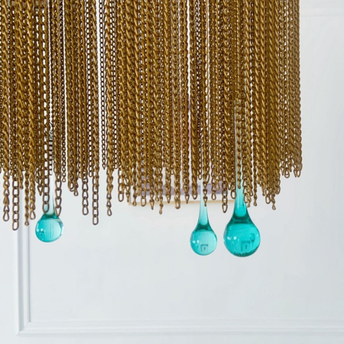 Aluminum Tassel Chandelier Postmodern Brass Finish Hanging Lamp with Blue Crystal Drops