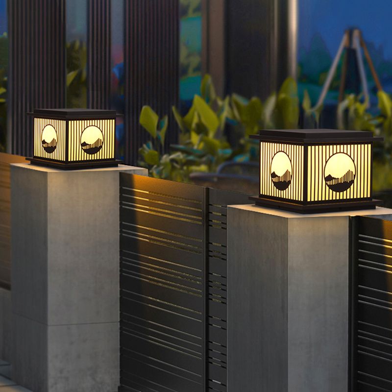Rectangle Shape Metal Outdoor Lamp Modern Style 1 Light Waterproof Pillar Light in Black