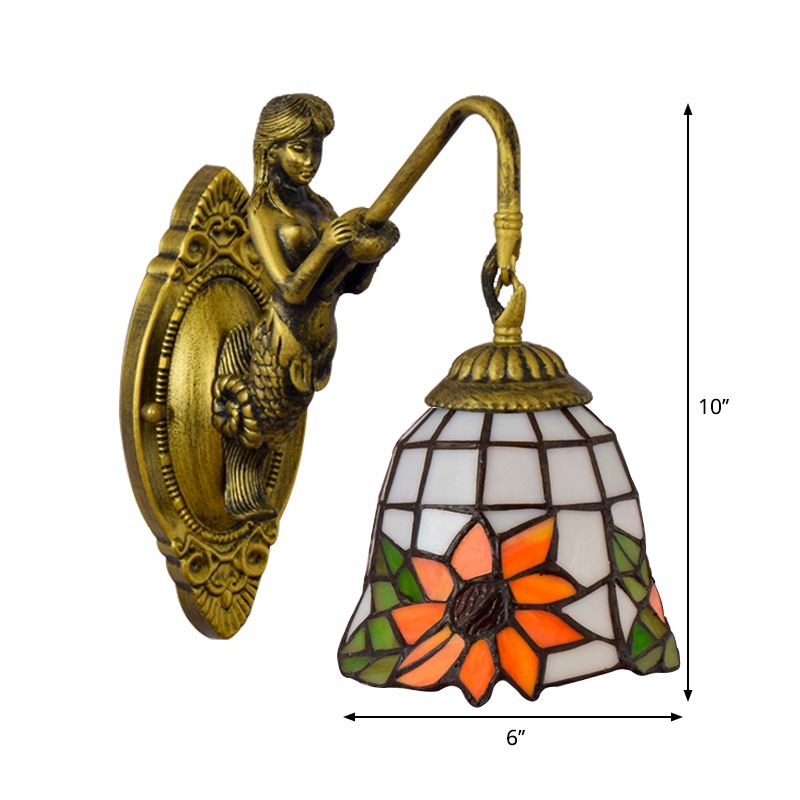 Sunflower Sconce Light Tiffany Orange Glass 1 Head Living Room Wall Mounted Light with Mermaid Backplate