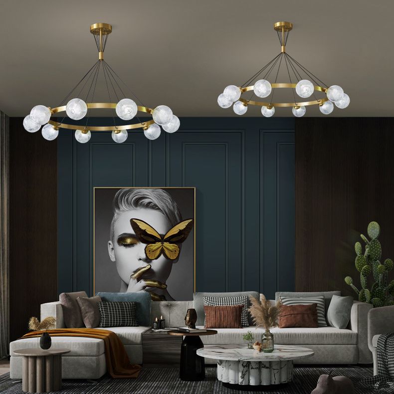 Lattice Glass Ball Chandelier Postmodern Style Brass Ceiling Light for Living Room