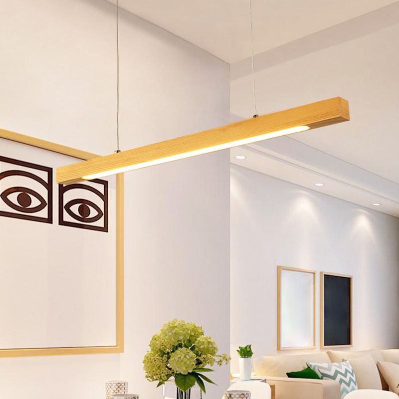 Simple  Linear Island Pendant Light Wood Hanging Lamp in Natural Wood
