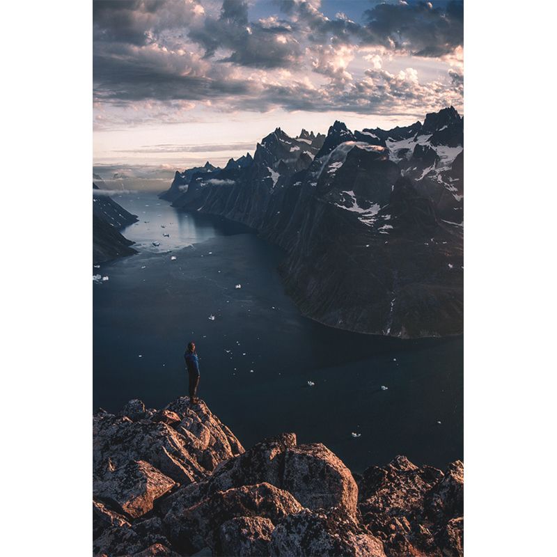 Huge Modern Mural in Black Man Stand on Peak by the Riverside with Snow Melting Wall Decor, Custom Made