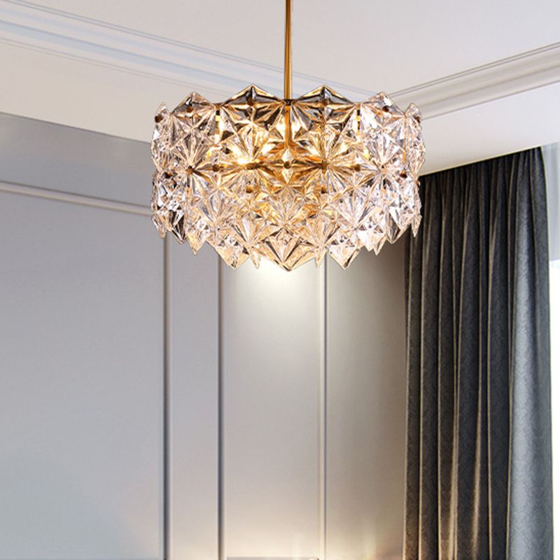 Gold Circular Hanging Lamp Kit Postmodern 8/9 Heads Hexagon Crystal Hanging Ceiling Light