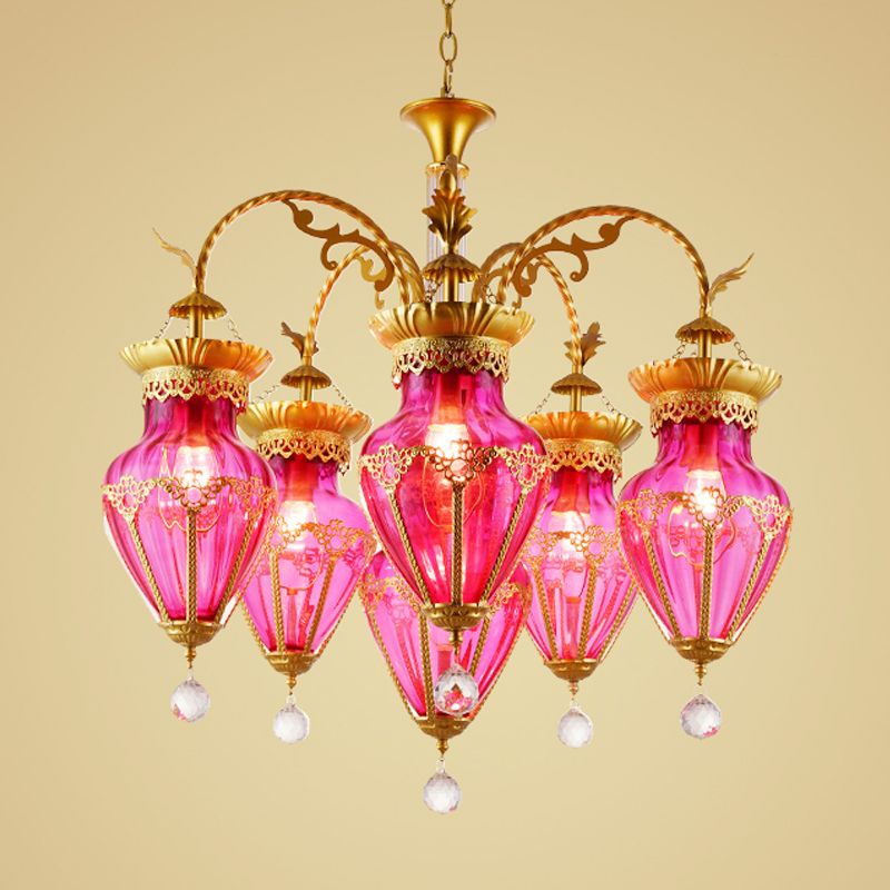 6 Lights Chandelier Light Fixture Curved Arm Red/Blue/Green Glass Suspension Pendant in Brass for Restaurant