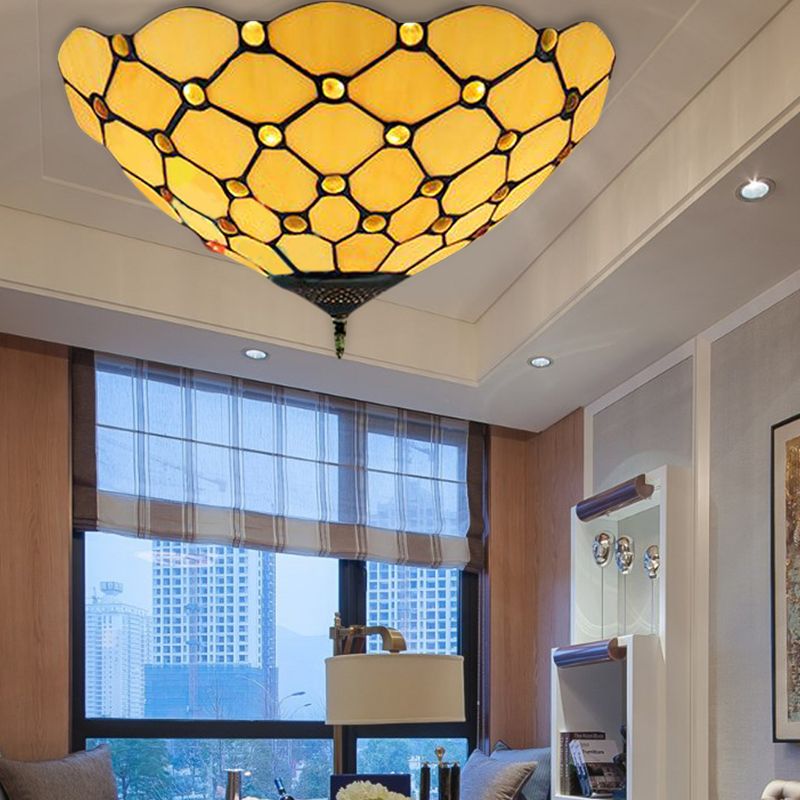 Beige / Black Bowl-Shaped Ceiling Light Fixture Tiffany Stained Glass 1/2 Lights Flushmount Ceiling Light