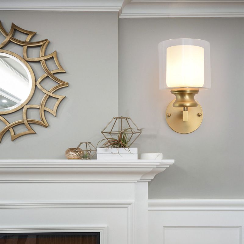 Modern 1 - Light Armed Wall Lighting Solid Brass and Cylinder Glass Shade Wall Sconce