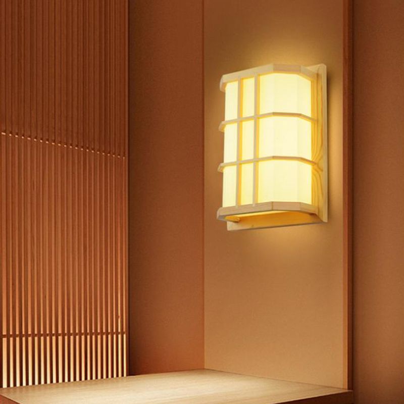 Square Shape Wooden Wall Sconce 1-Light Simple Wall Mount Lamp for Living Room