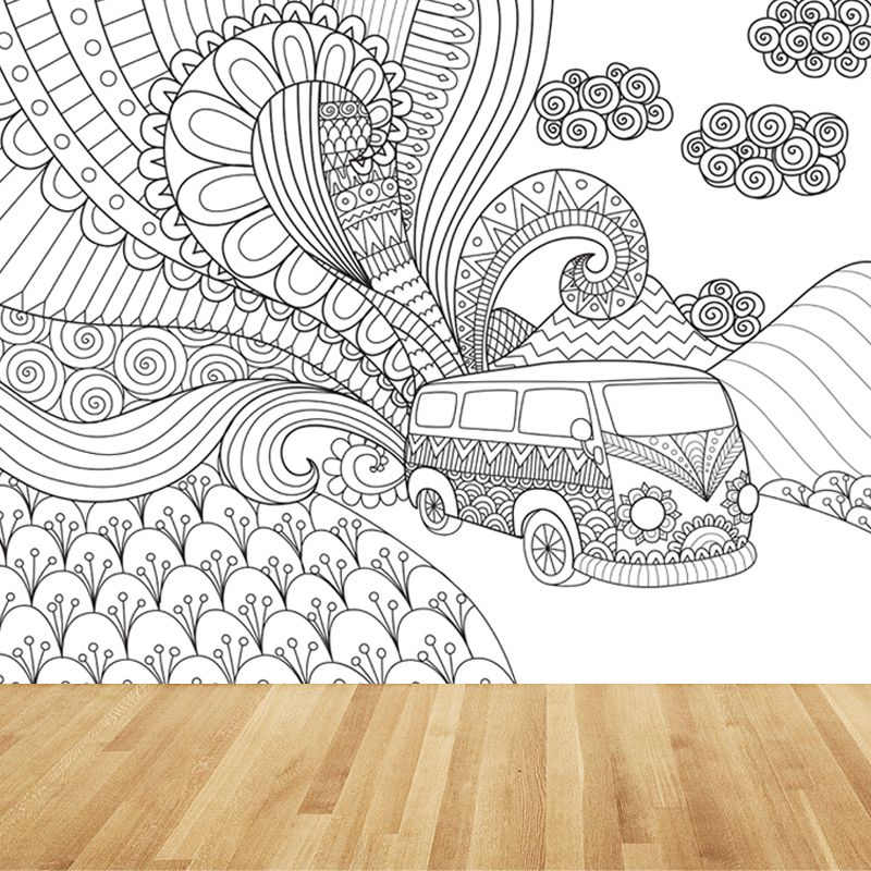 Full Size Cartoon Wallpaper Mural Black and White Hand Print Landscape Wall Covering, Custom Made