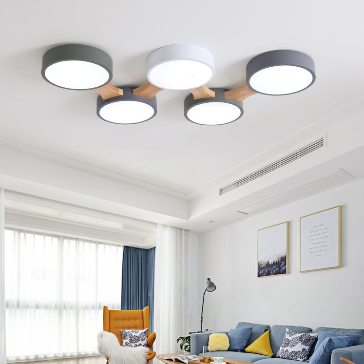 Plafonnier LED Macaron en bois de style créatif moderne, plafonnier circulaire en fer forgé avec abat-jour en acrylique