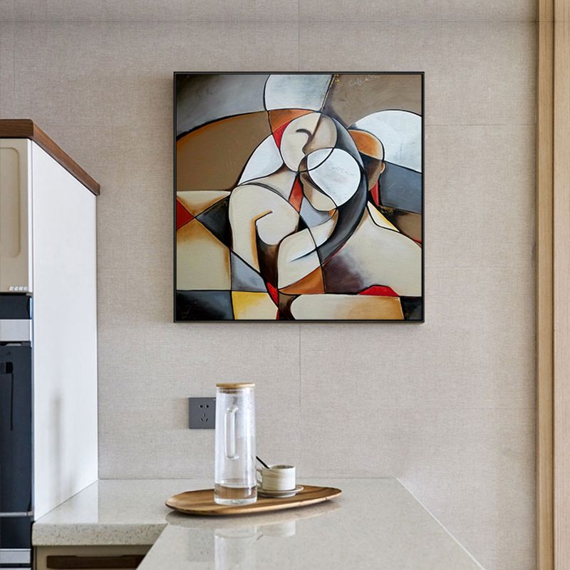 Textured Khaki Canvas Modern Art Half-Awake Lovers Painting Wall Decor for Bedroom