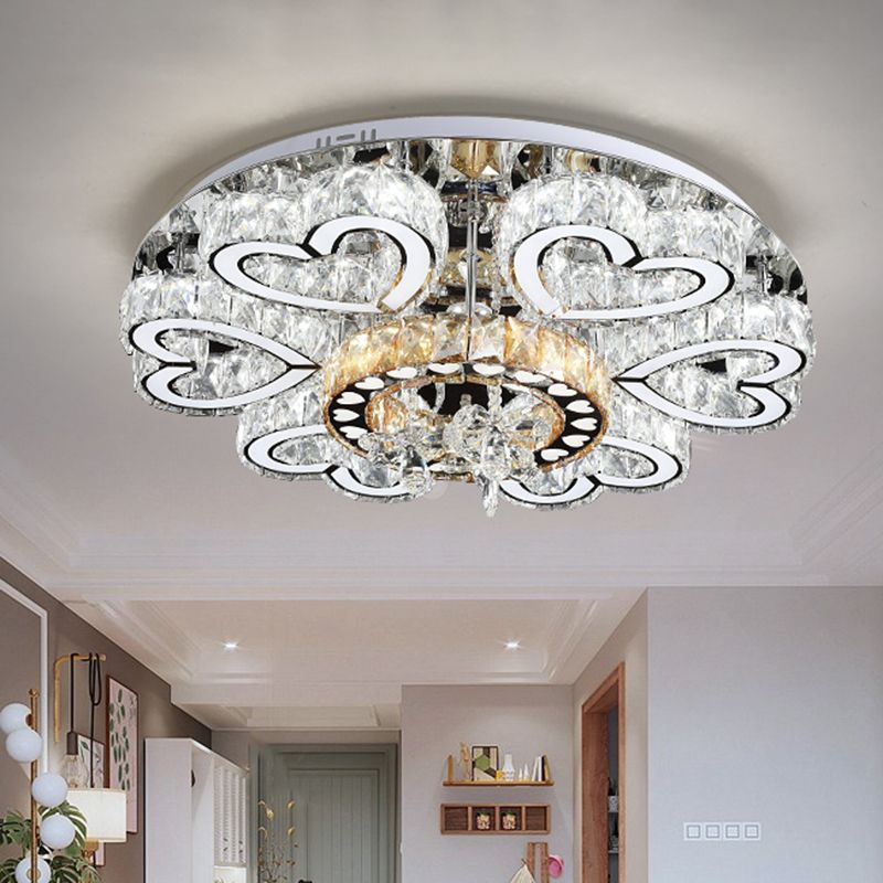 Contemporary Flush Mount Light with Crystal Block Shade Chrome Loving Heart LED Ceiling Lamp for Sitting Room
